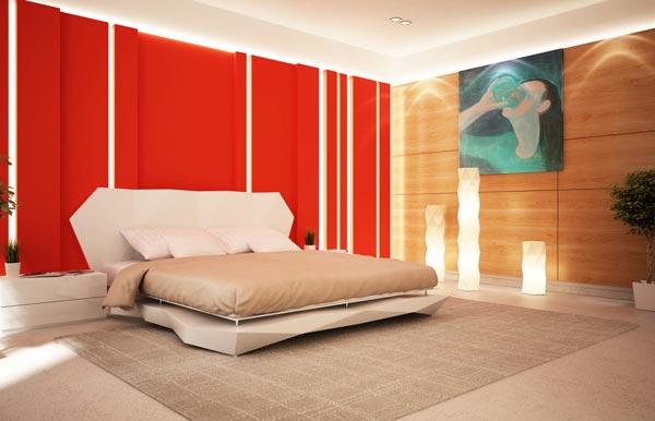 red accent wall in bedroom photo - 2